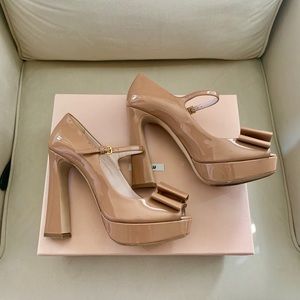 Miu Miu Nude Mary Jane retro bow platform heels